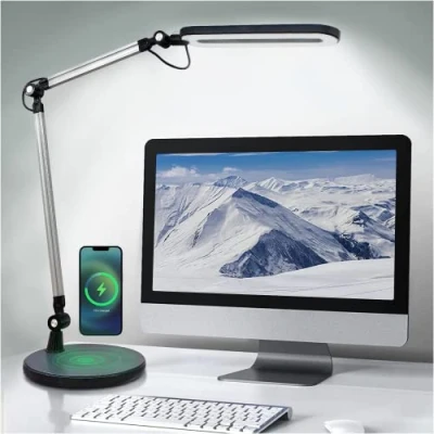 Obrázek OTUS Schreibtischlampe LED mit kabelloser Ladefunktion, Architektenlampe Schwenkarm, Arbeitsleuchte, Berührungssteuerung Büro Tischlampe fuß, Stufenloses Dimmen einstellbare Farbtemperaturen