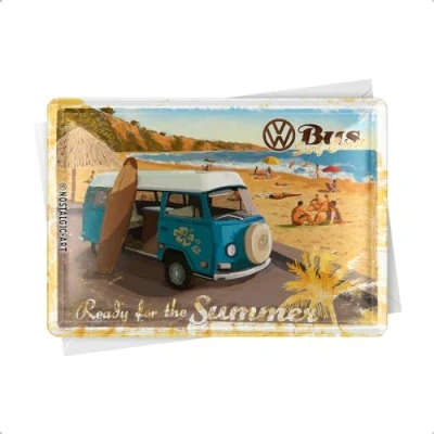 Obrázek Nostalgic Art Retro plechová pohlednice, 10 x 14 cm, VW Bulli Ready for the Summer nápad na dárek Volkswagen, pohlednice z kovu, mini plechový štítek jako přání
