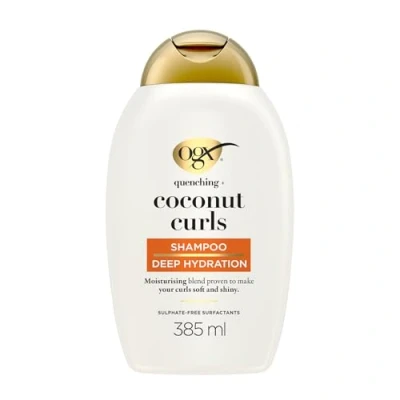 Obrázek OGX Quenching + Coconut Curls Shampoo (385 ml), hydratační šampon s kokosovým olejem, citronovým olejem a medem, bez sulfátů