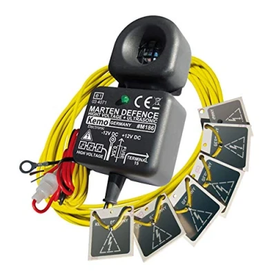 Obrázek Kemo M186 odpuzovač kun pro motorová vozidla 12 V/DC. Odhání kuny elektricky nabitými vysokými napěťovými destičkami 200300 V/DC a silnými, agresivně pulzujícími ultrazvukovými tóny, černá