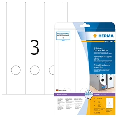 Obrázek HERMA 10185 hřbety pořadačů, štítky na pořadače, odstranitelné, dlouhé, široké, 25 listů, 61 x 297 mm, 3 arch A4, 75 kusů, samolepicí, potištěné, neprůhledné, papírové šanony