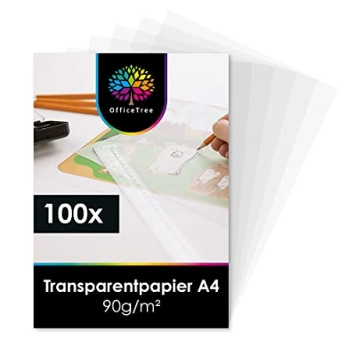 Obrázek OfficeTree 100 listů transparentního papíru A4 lze potisknout 90 g/m² pergamenový papír transparentní pro tisk také jako pauzovací papír, architektonický kutily nebo