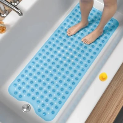 Obrázek HITSLAM rohož do vany protiskluzová, 101 x 40 cm extra dlouhá protiskluzová vany, sprchová bez BPA, odolná proti plísním &amp; lze prát v pračce koupelnová podložka, modrá
