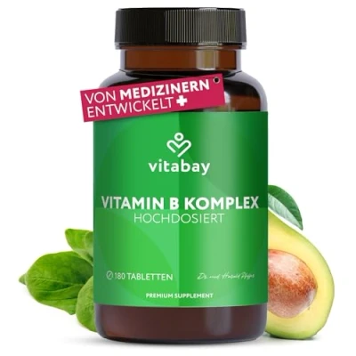 Obrázek Vitabay komplex vitamínu B ve vysokých dávkách 180 VEGANE tablety (pololetní zásoby) vitamíny přírodní (vitamin B12 Vitamin B6 B2 B5 1 B9 B7) Vit