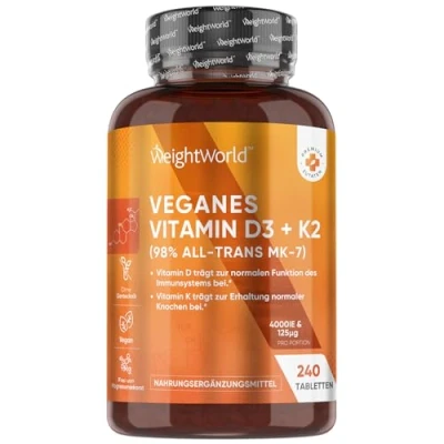 Obrázek Vitamín D3 + K2 4000 I.E. veganské tablety 240 kusů s 125 μg vitaminu Menachinon 1 tableta/4 dny 98% All Trans MK7 pro kosti, imunitní systém a svaly sluneční vitamin WeightWorld