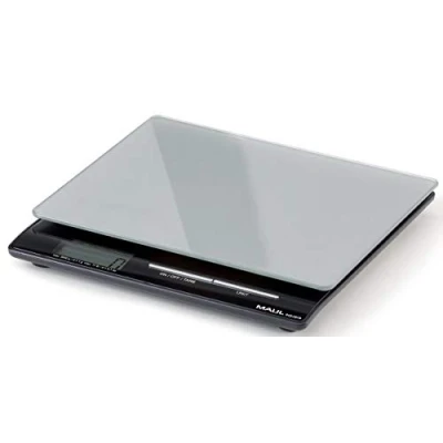 Obrázek MAUL Dopisní váha MAULsquare 18 x 15 cm do 5 kg Moderní kuchyňská se skleněným povrchem automatická nulová poloha a automatické vypínání včetně baterií stříbrná