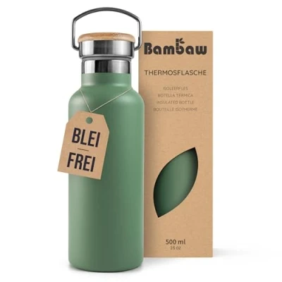 Obrázek Bambaw Thermosflasche 0,5l, Trinkflasche Grün, Edelstahl Wasserflasche, Fahrrad Edelstahl, Isolierte 500ml Salbeigrün