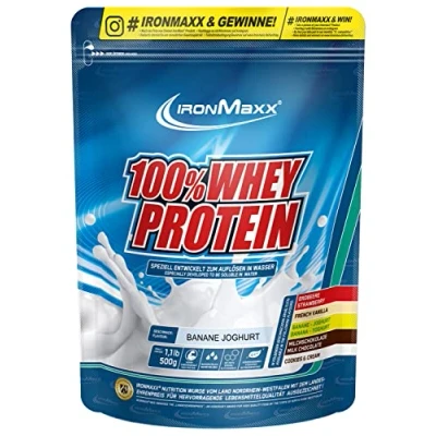 Obrázek IronMaxx 100% Whey Protein prášek banánový jogurt 500 g sáček redukovaný cukr, ve vodě rozpustný proteinový ze syrovátkového proteinu mnoho různých příchutí