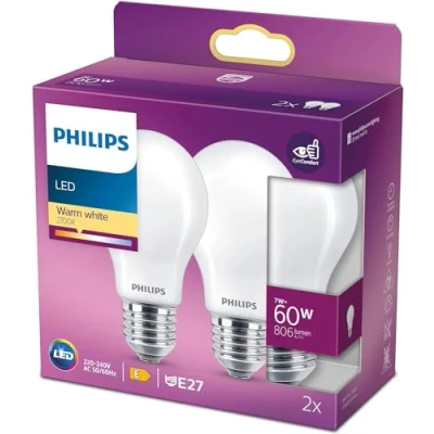 Obrázek Philips LED Classic E27 žárovka, 60 W, tvar pístu, matná, teplá bílá (2 kusy)