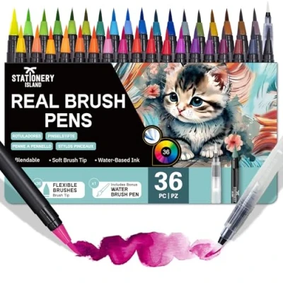 Obrázek STATIONERY ISLAND Aquarellstifte 37 teilig 36 Aquarell Pinselstifte 1 Wassertankpinsel, Brush Pen Set für Kinder &amp; Erwachsene Aquarellpinsel Stifte Kalligraphie Malerei