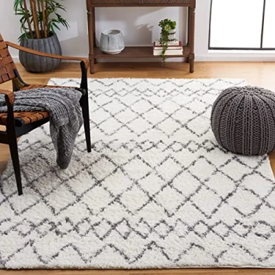 Obrázek SAFAVIEH Zottelig Teppich für Wohnzimmer, Esszimmer, Schlafzimmer Berber Shag Collection, Kurzer Flor, Creme und Hellgrau, 122 X 183 cm