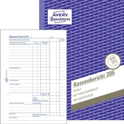 Obrázek AVERY Zweckform Zpráva o pokladně 305 (A5, 50 listů, mikroperforovaná, retrograde zjištění denních příjmů, testováno právními odborníky, pro DE/AT, řádné účetnictví), bílá