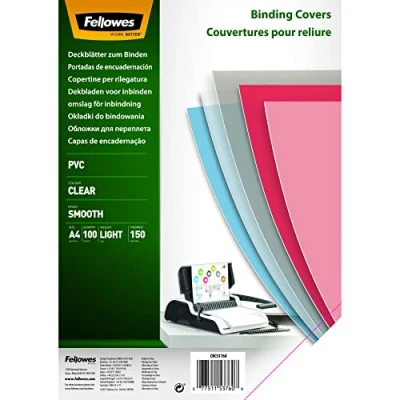 Obrázek Fellowes PVC titulní list pro plastovou vazbu a drátěnou tloušťka 150 mikronů transparentní formát DIN A4 balení po 100 kusech
