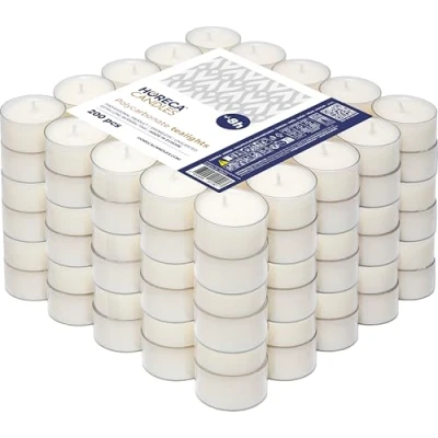 Obrázek Horeca Candles Theelichter Transparente Hülle 8 Stunden Brenndauer Weiß 200 Stück Klar Teekerzen Ohne Duft Kerzen in Durchsichtigem Behälter