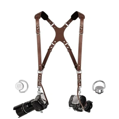 Obrázek C Coiro Kamera Zubehör Slim Dual Harness Zwei Kameras Schulterriemen aus Leder, Braun, Einstellbar