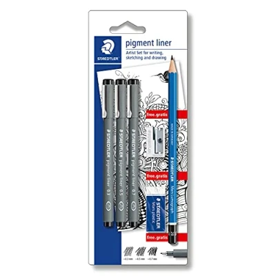 Obrázek STAEDTLER Artist Set, 3 pigmentové linky černé 0,3, 0,5, 0,7 mm s pigmentovým inkoustem pravým na dokumenty, tužka 2B obzvlášť odolná proti prasknutí, mazací guma bez ftalátů a latexu ořezávátko, 308 SBK3P
