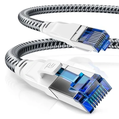 Obrázek CSL 7,5m síťový kabel CAT 8 LAN patch bavlněný plášť CAT8. 1 High Speed Gigabit Ethernet Cable 40 Gbits S/FTP PIMF RJ45 konektor Cat6 Cat7 Cat8 komp 7,5 metrů bílý