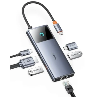 Obrázek Baseus USB C rozbočovač 10 Gbps 3. 2 adaptér s LAN Ethernetem, 4K@60Hz HDMI, A, C, 100 W PD, 6 v 1 dokovací stanice pro iPhone 15, laptop MacBook/Surface Pro/Dell/iPad/Steam Deck/Rog