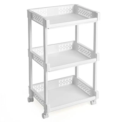 Obrázek SONGMICS vozík z plastu, univerzální s kolečky do kuchyně, kanceláře, koupelny, bílá, 3 patra, výška 61 cm, KSC03WT