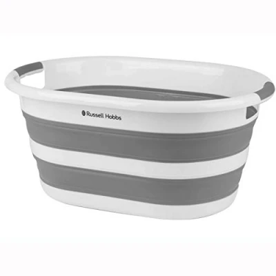 Obrázek Russell Hobbs LA053879WHTEU Zusammenklappbarer Wäschekorb faltbarer ovaler Waschkorb, 27L Aufbewahrung von Wäschereien, silikon Aufbewahrungsbehälter/Organizer, platzsparender Korb, Weiß/Grau