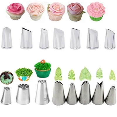 Obrázek Kuchen dekorieren Tipps, 15 Stück Set Blätter Blumengras Düsen Edelstahl Zuckerguss Rohrdüsen für Gebäck Fondant Werkzeuge (Gemischt)