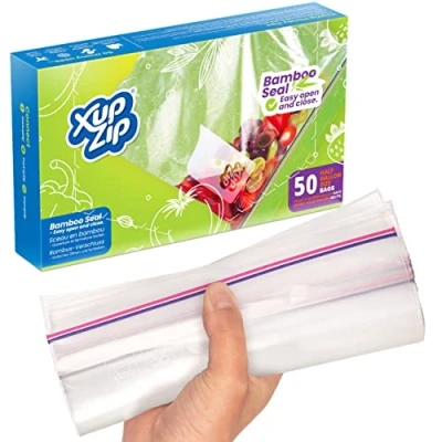 Obrázek 50 x Premium Gefrierbeutel zur Aufbewahrung von Lebensmitteln XupZip™ 2,27 L, wiederverwendbar, Hochleistungskunststoff Luftdichter &amp; auslaufsicherer Bambusverschluss BPA frei