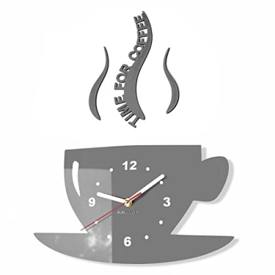 Obrázek FLEXISTYLE Hrnek Time for Coffee (čas na kávu) Moderní kuchyně nástěnné hodiny šedé, 3D římské, dekorace