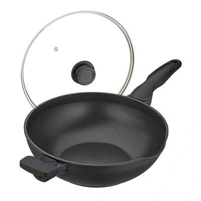 Obrázek Relaxdays Pánev wok se skleněnou poklicí, Ø 30 cm, hliník, nepřilnavý povrch, plyn, elektrický sporák, s rukojetí, černá