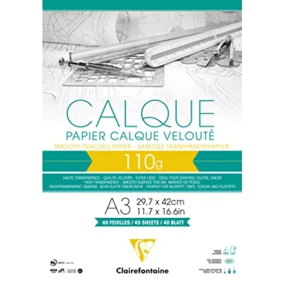 Obrázek Clairefontaine 975107C Block Transparentpapier (DIN A3, 29,7 x 42 cm, 40 Blatt, 110 g, ideal für technische Zeichnen) transparent