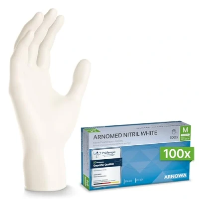 Obrázek ARNOMED Nitril rukavice na jedno použití, 100 kusů, M, bílé, jednorázové bez latexu, nitrilové pudru, k dispozici ve vel. S, L a XL