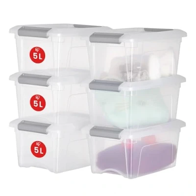 Obrázek Iris Ohyama Úložné boxy s víkem, 5 l, 6dílná sada, stříbro, bezpečný uzávěr, stohovatelné, rukojeti, ložnice, skříň, kancelář, organizace, plast bez BPA, organizační boxy, NTB