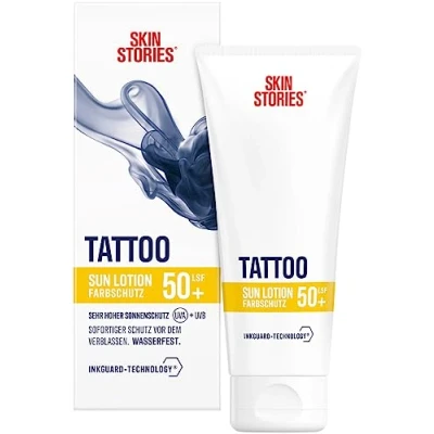 Obrázek SKIN STORIES Sun Lotion LSF 50+ (100 ml), ochrana před tetováním, sluneční krém s InkGuard Technology®, velmi vysoká proti slunci panthenolem a vitaminem E vyblednutí tetovacích barev