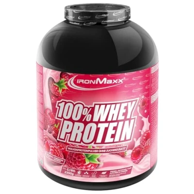 Obrázek IronMaxx 100% Whey Protein prášek malina 2,35 kg dóza s redukcí cukru, ve vodě rozpustný proteinový ze syrovátkového proteinu mnoho různých příchutí