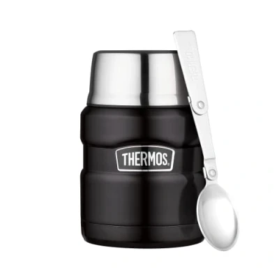 Obrázek Thermos STAINLESS KING FOOD JAR 0,47 l, black mat, termoska z ušlechtilé oceli se lžící, 6 h horká / 24 studená, absolutně těsná na polévku, müsli, termonádoba jídlo, lze mýt v myčce