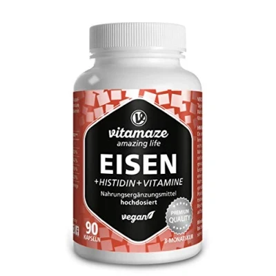 Obrázek Železné kapsle ve vysokých dávkách s vitaminem C (80 mg) v denní dávce, doplněné o histidin + B vitamíny pro optimální biologickou dostupnost, přírodní doplněk bez přísad, vyrobeno Německu