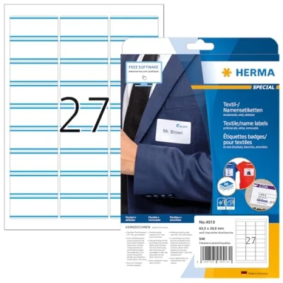 Obrázek HERMA 4513 jmenovky odstranitelné, 20 listů, 63,5 x 29,6 mm, 27 na arch A4, 540 kusů, samolepicí, potištěné, beze zbytku snímatelné acetátové hedvábí, nálepky se jménem, bílé, modré