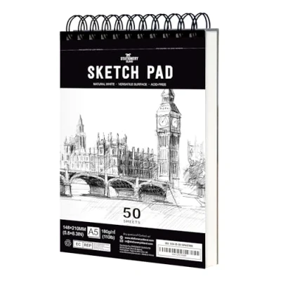 Obrázek STATIONERY ISLAND Skicák, A5 kreslicí blok 180 g/m² silný papír, 100 stran / 50 archů spirálově vázaný DIN Sketchbook 1 balení