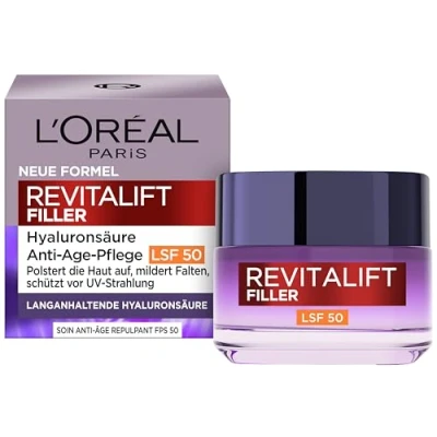 Obrázek L&#039;Oréal Paris Hyaluron denní krém s LSF 50, péče o obličej proti stárnutí mikrofiltrem, kyselina hyaluronová pro vlhkost a efekt vráskám, Revitalift Filler, 1 x 50 ml