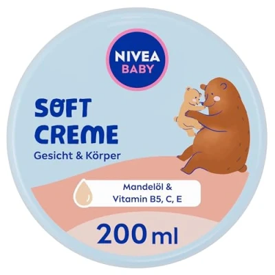 Obrázek NIVEA Pečující krém BABY Soft, veganský a hypoalergenní pleťový chrání posiluje, hydratační pro miminka s mandlovým olejem vitamíny, bez mikroplastů parabenů (200 ml)