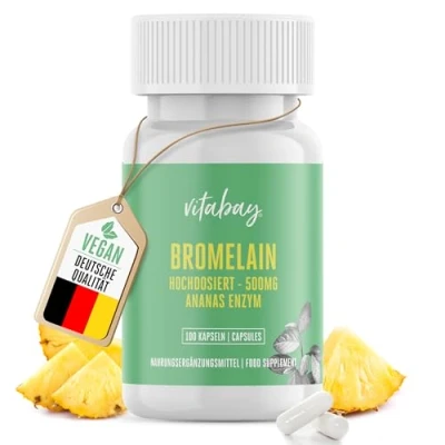 Obrázek Vitabay bromelain vysoká dávka 500 mg 100 veganských kapslí kapsle z extraktu ananasu rezistentní vůči žaludečním šťávám ananas enzym laboratorně testováno a vysoce