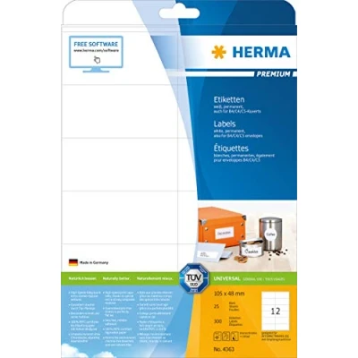 Obrázek HERMA 4363 univerzální etikety, 25 listů, 105 x 48 mm, 12 archů A4, 300 kusů, samolepicí, potištěné, matné, prázdné papírové lepicí bílé