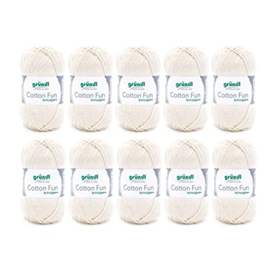 Obrázek Gründl Cotton Fun pletací příze / háčkovací (měkká ze 100% bavlny, certifikováno Öko Tex, 50 g/115 m, síla jehlic: 3 4, 10 klubko á g), krémová, 27. 00 x 11. 07. cm