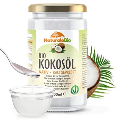Obrázek bio Kokosový olej 1000 ml Nativ. Lisovaný za studena a čistý. lisovaná země původu Srí Lanka. Organic Raw Virgin Coconut Oil. NaturaleBio