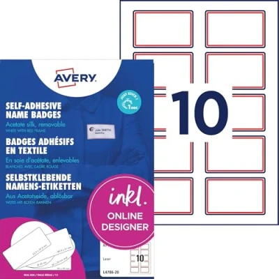 Obrázek AVERY Zweckform L4786 20 jmenovky (200 nálepek se jménem, 80 x 50 mm na A4, samolepicí, potištěné textilní etikety z acetátového hedvábí, beze zbytku odstranitelné) listů, bílé s červeným okrajem