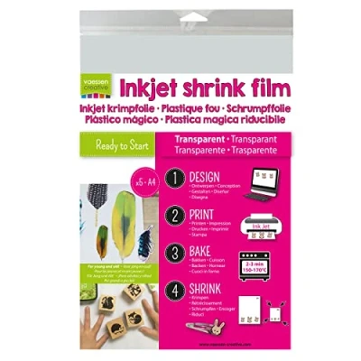 Obrázek Vaessen Creative Shrink Art tisknutelný, průhledný, 5 listů, velikost A4, přímo potištěný vlastní design pro kreativní projekty se smršťovacím plastem, 21 x 29,8 0,3 cm, 4 jednotky