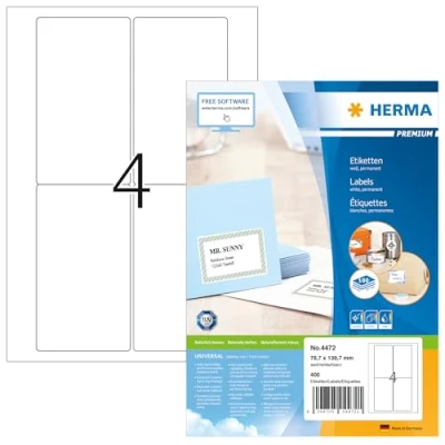Obrázek HERMA 4472 přepravní etikety, 100 listů, 78,7 x 139,7 mm, 4 pro arch A4, 400 kusů, samolepicí, potištěné, matné, prázdné papírové štítky na adresu, bílé