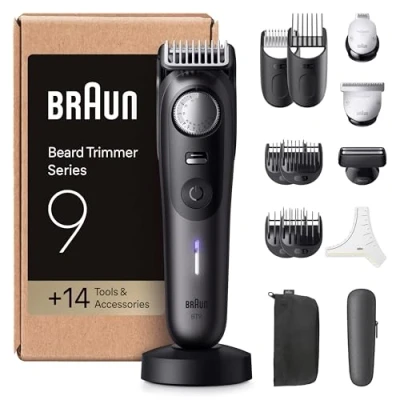 Obrázek Braun Zastřihovač vousů Series 9, se 14 nástroji Barber, Power Boost a celoživotní ostrou čepelí ProBlade, výdrž baterie 180 min, s Fade, 52 délek, přesné kolečko zamykání, vodotěsný, BT9565, titan