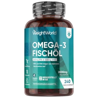Obrázek omega 3 kapsle 2000 mg rybího oleje se 1100 3, 660 EPA a 440 DHA denně laboratorně testováno 240 softgelů mastné kyseliny pro srdce, mozek krevní tlak udržitelný bez