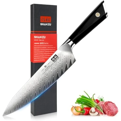 Obrázek SHAN ZU Damaškový kuchařský nůž 21 cm, japonský z damaškové oceli 67vrstvý, keprový vzor, kuchyňský Professional High Carbon Sharp s rukojetí G10 / dárková krabička série GYO