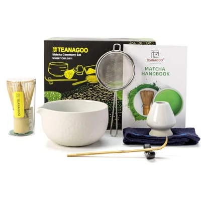Obrázek TEANAGOO Japanisches Tee Set (7 teilig), Matcha Schüssel mit Ausgießer, Bambus Schneebesen (Chasen), Schaufel (Chashaku), Schneebesenhalter, Set, N3, Hellgrau
